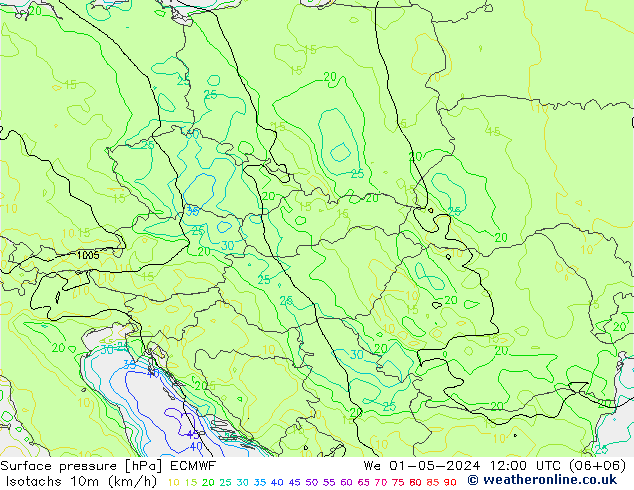 Isotachs (kph) ECMWF Qua 01.05.2024 12 UTC