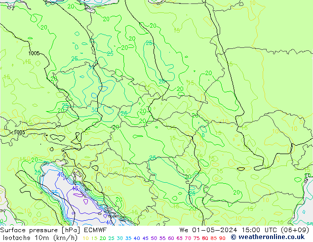 Isotachs (kph) ECMWF mer 01.05.2024 15 UTC