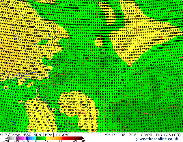 SLP/Temp. 850 hPa ECMWF mer 01.05.2024 09 UTC