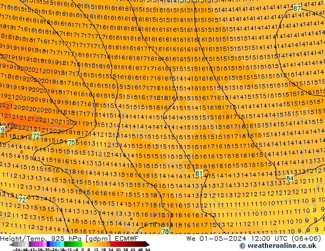 Height/Temp. 925 hPa ECMWF Qua 01.05.2024 12 UTC