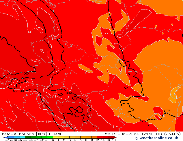 Theta-W 850hPa ECMWF Qua 01.05.2024 12 UTC