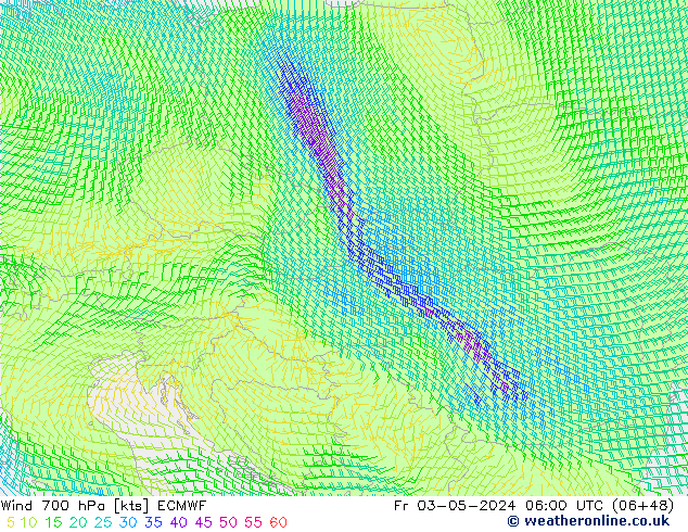 Rüzgar 700 hPa ECMWF Cu 03.05.2024 06 UTC
