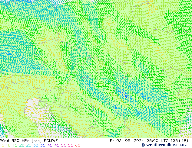 Vento 850 hPa ECMWF ven 03.05.2024 06 UTC