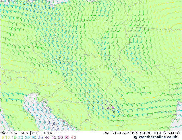 Vento 950 hPa ECMWF Qua 01.05.2024 09 UTC