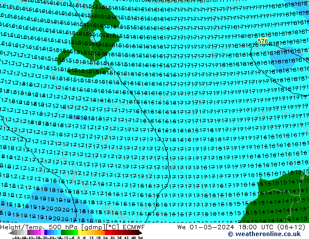 Z500/Yağmur (+YB)/Z850 ECMWF Çar 01.05.2024 18 UTC