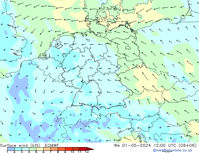 Surface wind (bft) ECMWF We 01.05.2024 12 UTC