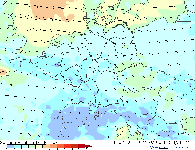 Bodenwind (bft) ECMWF Do 02.05.2024 03 UTC