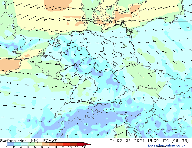 Bodenwind (bft) ECMWF Do 02.05.2024 18 UTC