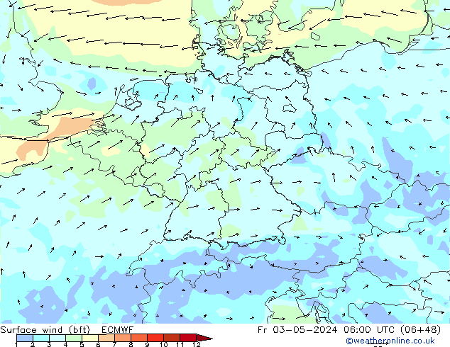 Vento 10 m (bft) ECMWF ven 03.05.2024 06 UTC