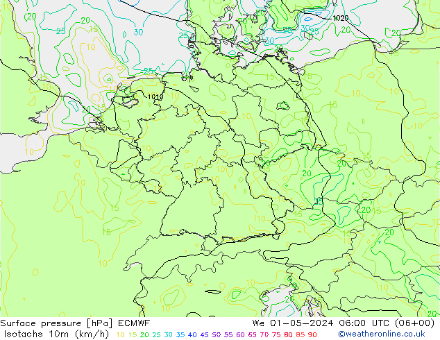 Isotachs (kph) ECMWF Qua 01.05.2024 06 UTC