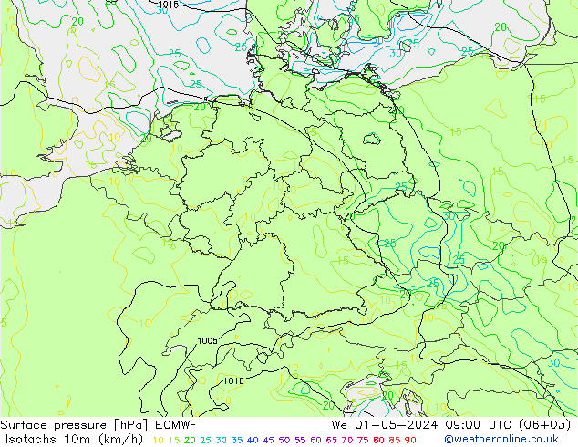 Isotachs (kph) ECMWF We 01.05.2024 09 UTC