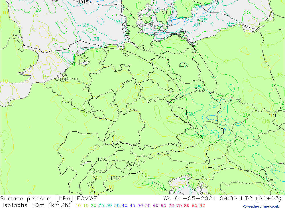 Isotachs (kph) ECMWF Qua 01.05.2024 09 UTC