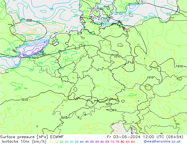 Isotachs (kph) ECMWF ven 03.05.2024 12 UTC