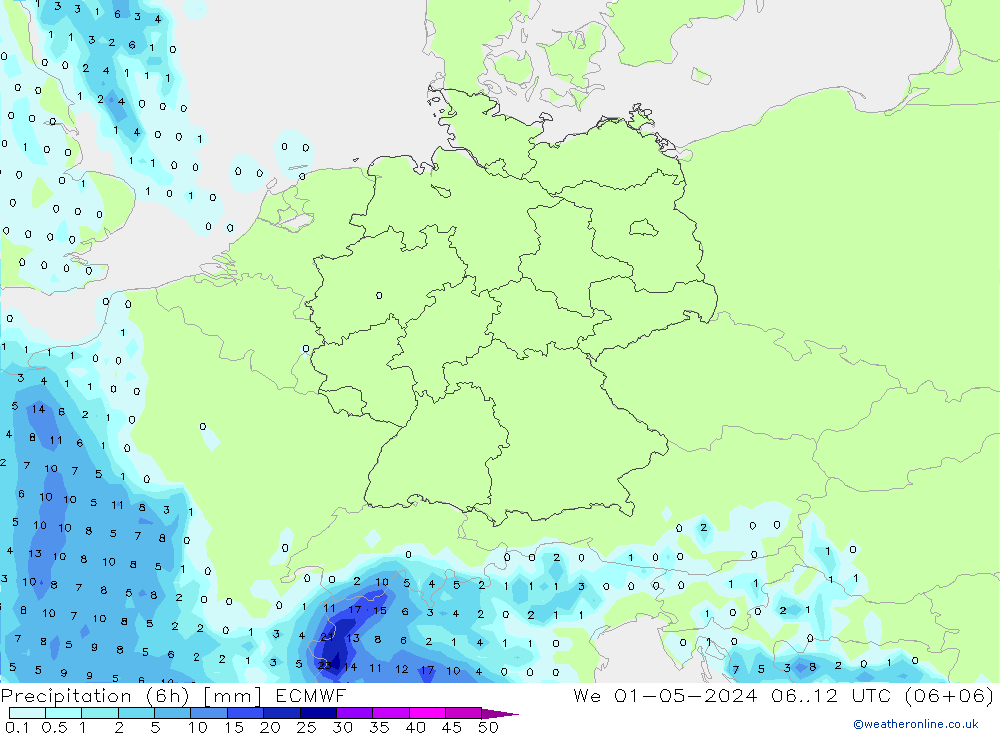 Prec 6h/Wind 10m/950 ECMWF We 01.05.2024 12 UTC