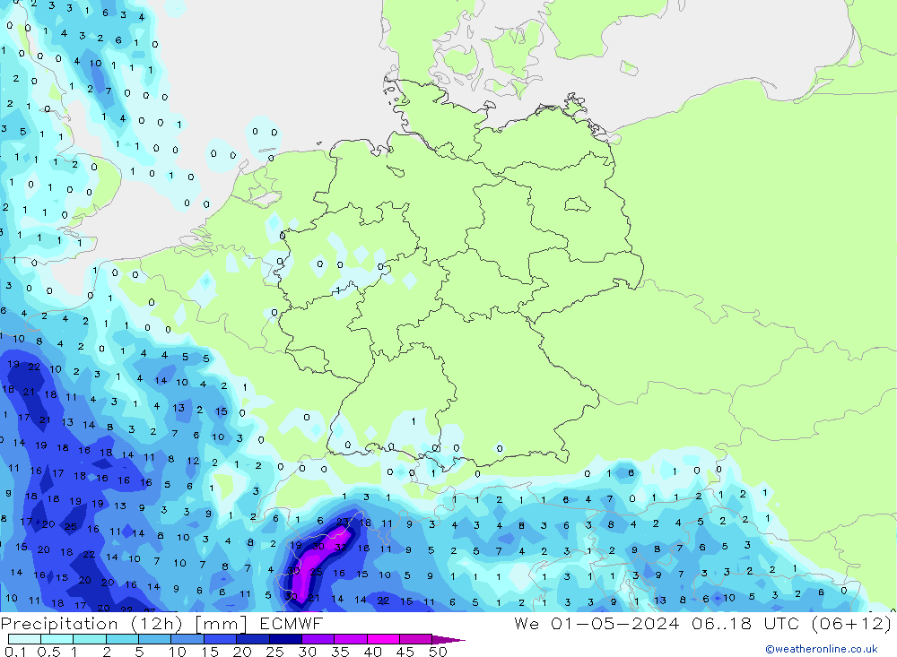 Nied. akkumuliert (12Std) ECMWF Mi 01.05.2024 18 UTC