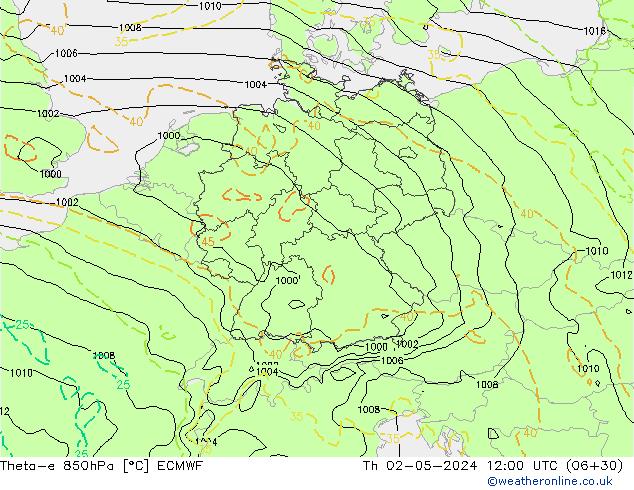 Theta-e 850hPa ECMWF Th 02.05.2024 12 UTC