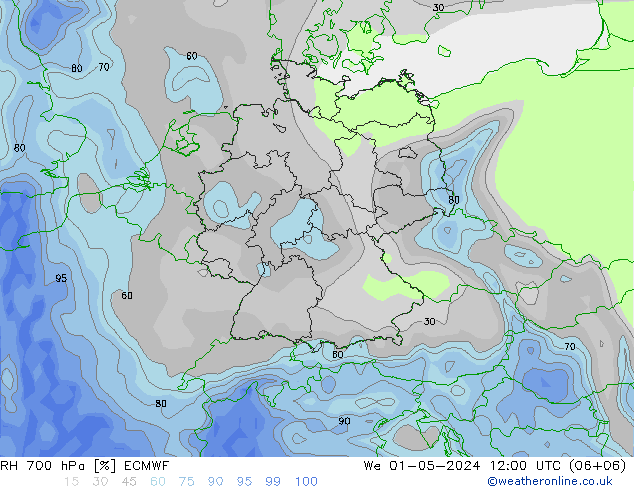 Humidité rel. 700 hPa ECMWF mer 01.05.2024 12 UTC