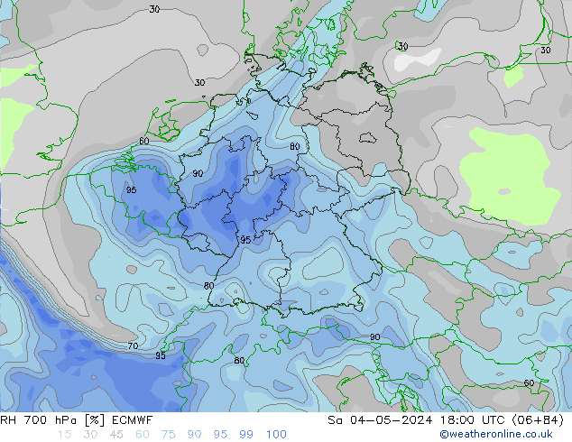 Humedad rel. 700hPa ECMWF sáb 04.05.2024 18 UTC