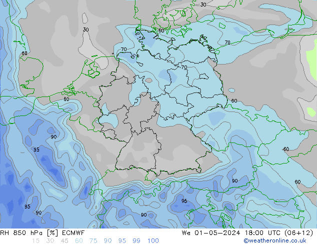 RH 850 hPa ECMWF mer 01.05.2024 18 UTC