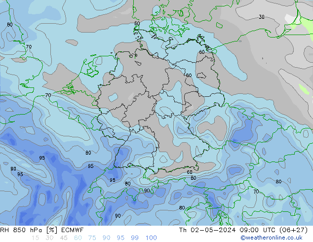 850 hPa Nispi Nem ECMWF Per 02.05.2024 09 UTC