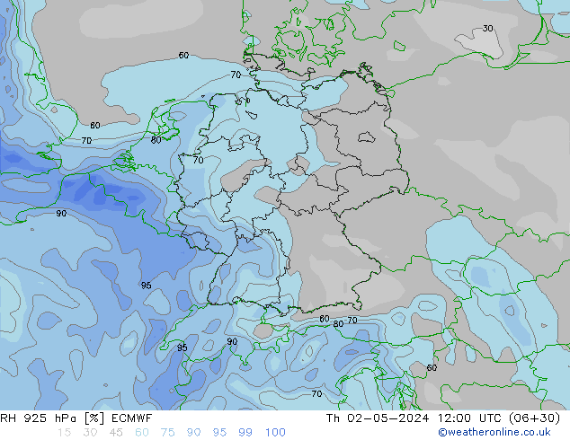 Humedad rel. 925hPa ECMWF jue 02.05.2024 12 UTC