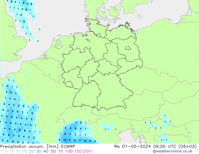 Precipitation accum. ECMWF mer 01.05.2024 09 UTC