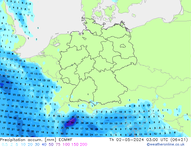 Precipitation accum. ECMWF gio 02.05.2024 03 UTC