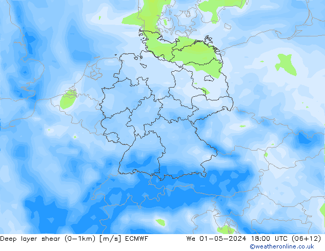 Deep layer shear (0-1km) ECMWF Mi 01.05.2024 18 UTC