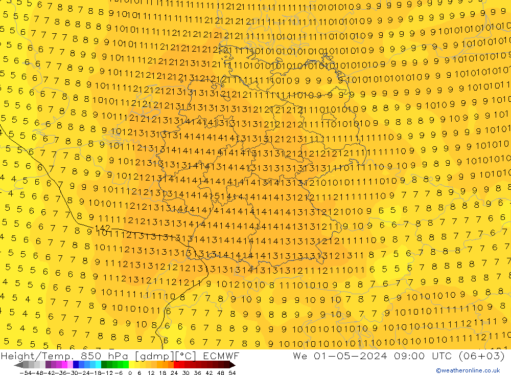 Height/Temp. 850 hPa ECMWF mer 01.05.2024 09 UTC