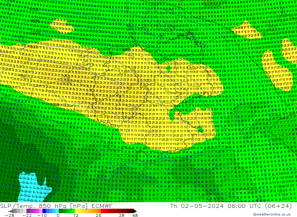 SLP/Temp. 850 hPa ECMWF Do 02.05.2024 06 UTC