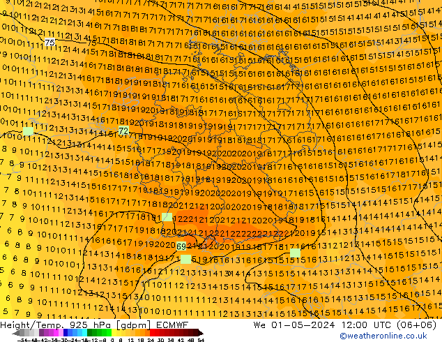 Height/Temp. 925 hPa ECMWF Mi 01.05.2024 12 UTC