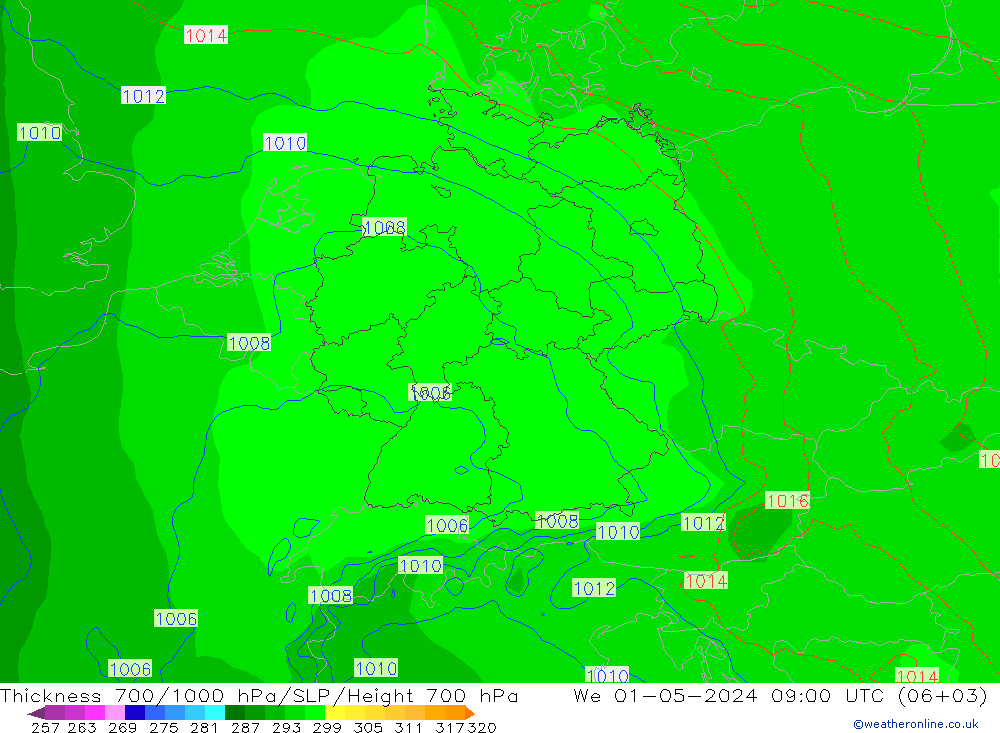 Thck 700-1000 гПа ECMWF ср 01.05.2024 09 UTC