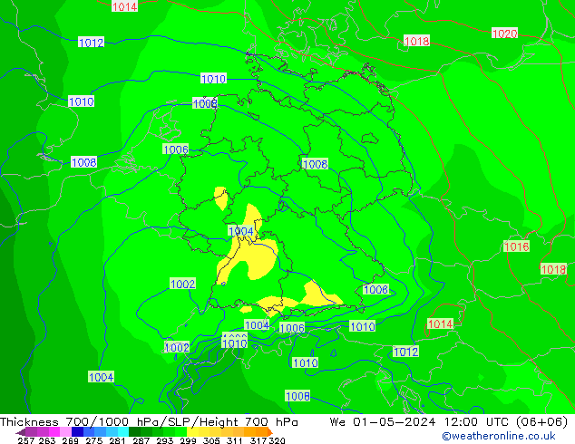 Thck 700-1000 hPa ECMWF mer 01.05.2024 12 UTC