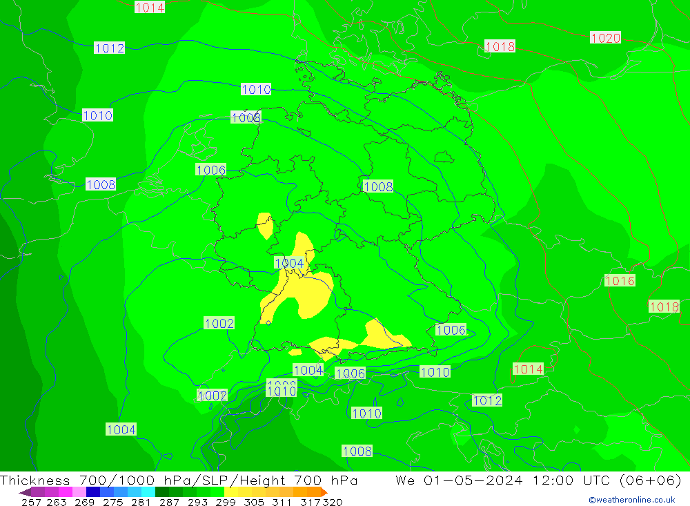 Thck 700-1000 hPa ECMWF mer 01.05.2024 12 UTC