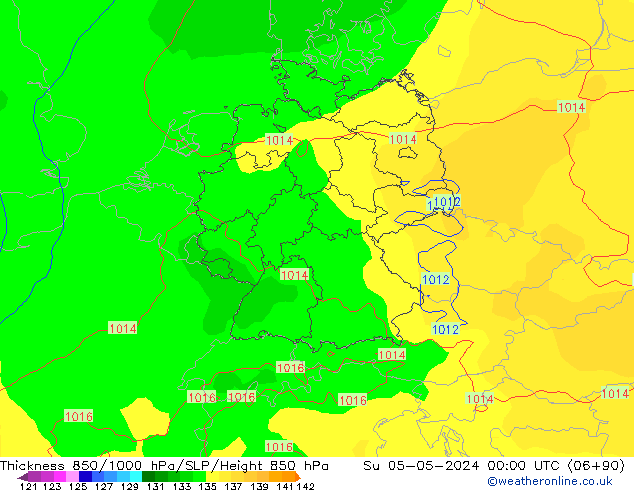 Dikte 850-1000 hPa ECMWF zo 05.05.2024 00 UTC