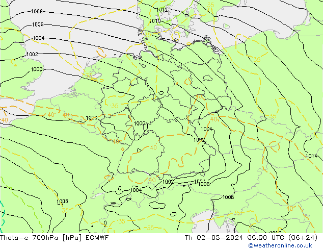 Theta-e 700hPa ECMWF Th 02.05.2024 06 UTC