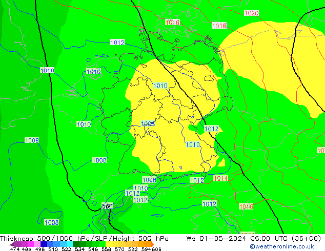 Espesor 500-1000 hPa ECMWF mié 01.05.2024 06 UTC