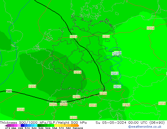 Schichtdicke 500-1000 hPa ECMWF So 05.05.2024 00 UTC