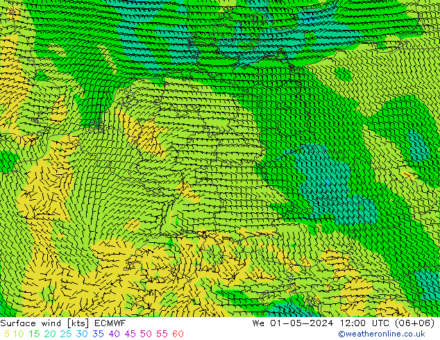 Prec 6h/Wind 10m/950 ECMWF mer 01.05.2024 12 UTC