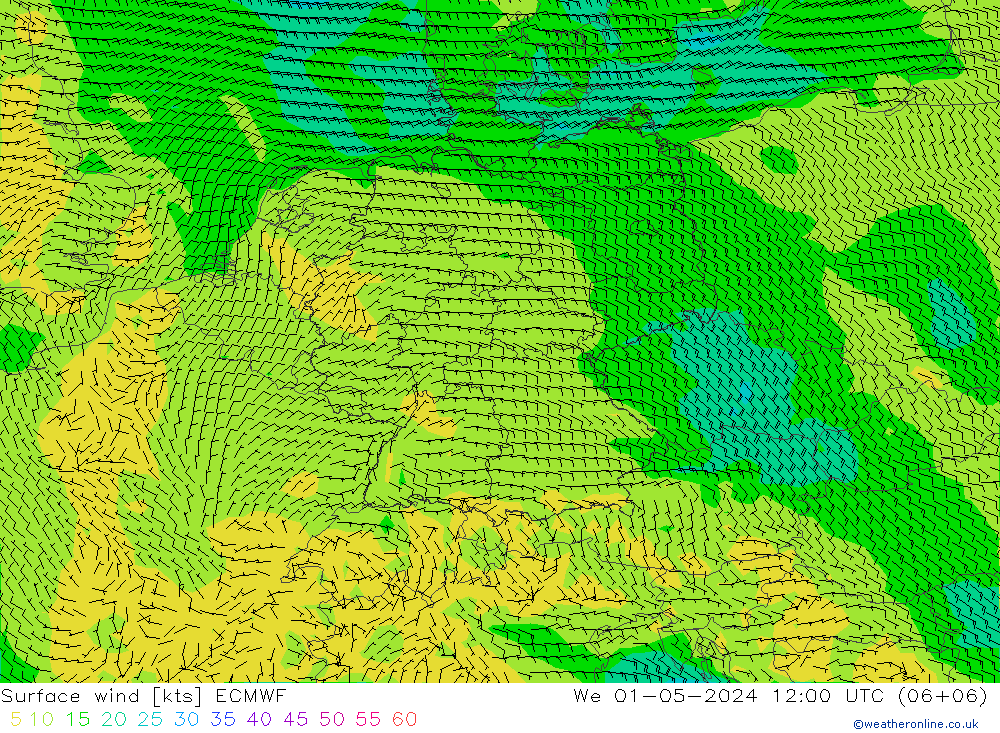 Prec 6h/Wind 10m/950 ECMWF We 01.05.2024 12 UTC