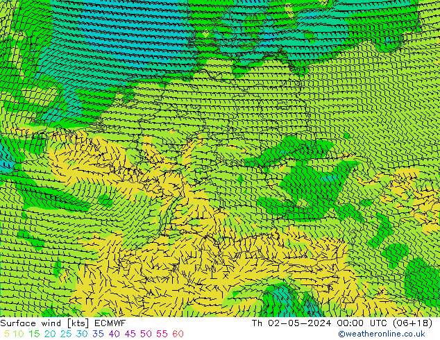 Surface wind ECMWF Čt 02.05.2024 00 UTC