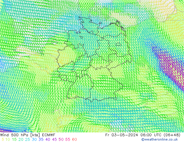 Vento 500 hPa ECMWF ven 03.05.2024 06 UTC