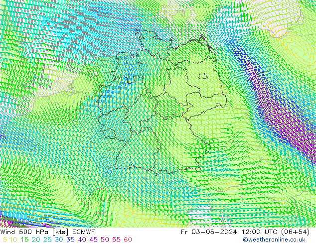 Viento 500 hPa ECMWF vie 03.05.2024 12 UTC