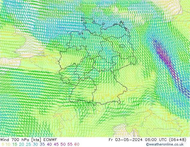 Vento 700 hPa ECMWF ven 03.05.2024 06 UTC