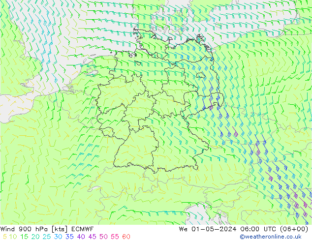 Wind 900 hPa ECMWF We 01.05.2024 06 UTC