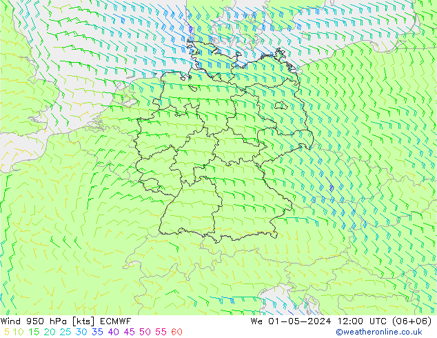 Prec 6h/Wind 10m/950 ECMWF mer 01.05.2024 12 UTC