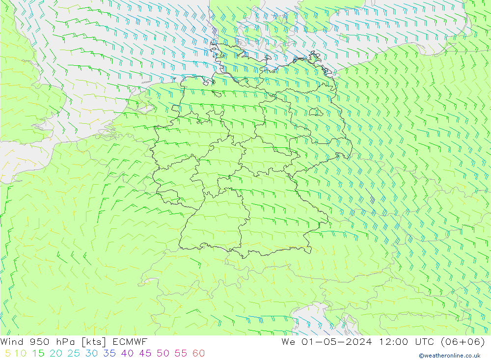 Prec 6h/Wind 10m/950 ECMWF We 01.05.2024 12 UTC