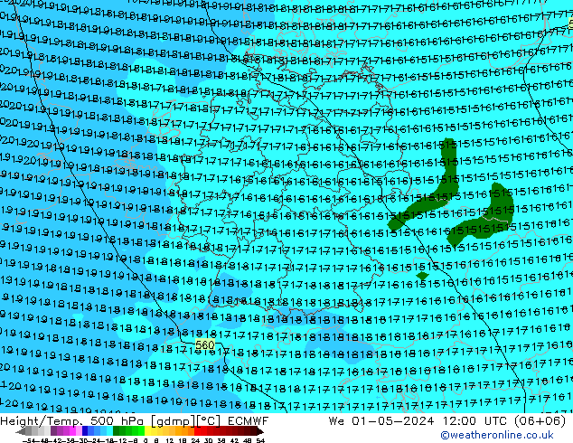 Z500/Rain (+SLP)/Z850 ECMWF Mi 01.05.2024 12 UTC