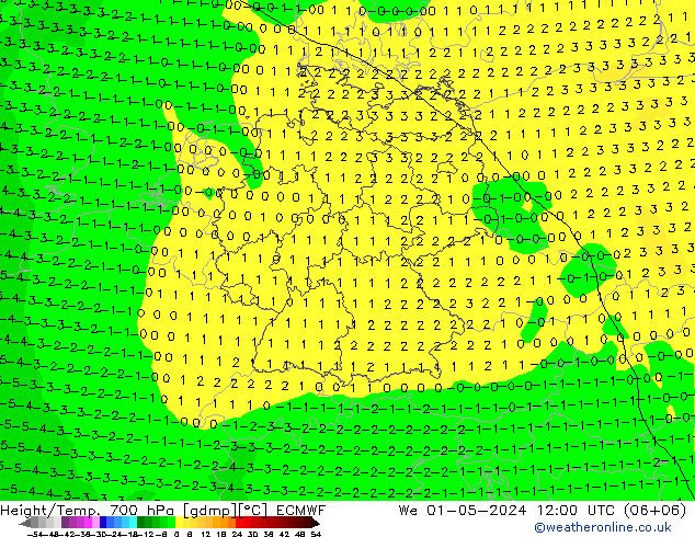 Height/Temp. 700 hPa ECMWF Mi 01.05.2024 12 UTC