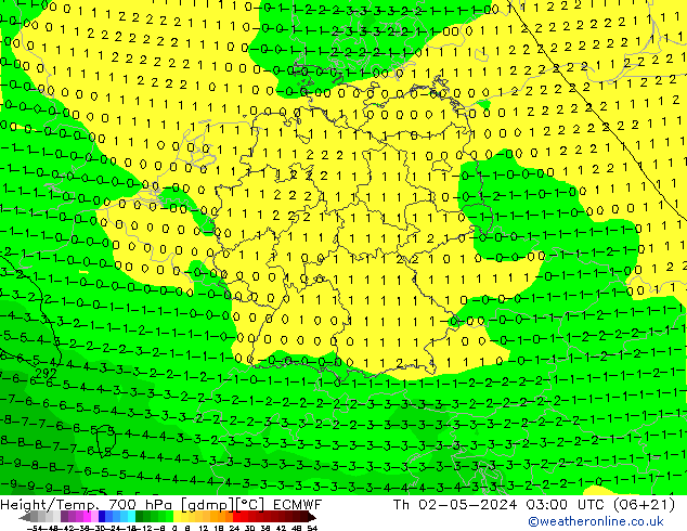 Height/Temp. 700 hPa ECMWF Do 02.05.2024 03 UTC